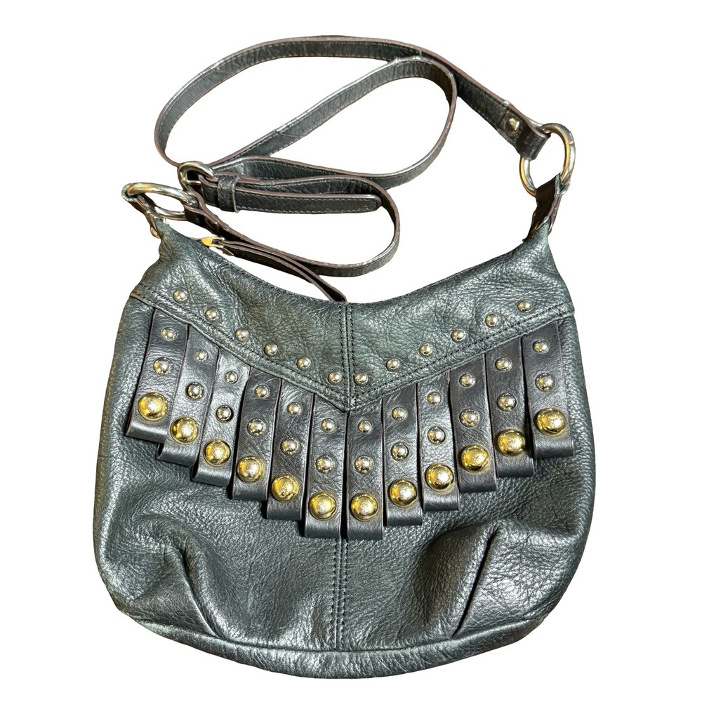 B. Makowsky Black Pebbled Leather Studded Fringe Crossbody Bag Leopard Lining